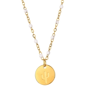 Detail of gold necklace with white beads and a circular cactus silhouette pendant
