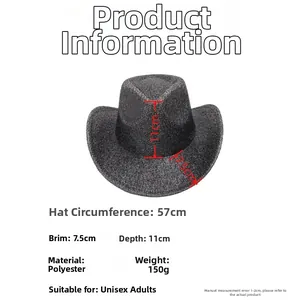Detailed size specifications for the sequin western cowboy hat with polyester material
