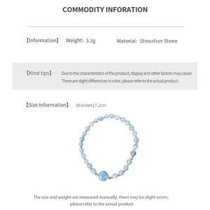 Detail view of blue Shoushan stone beaded bracelet with size and weight specifications