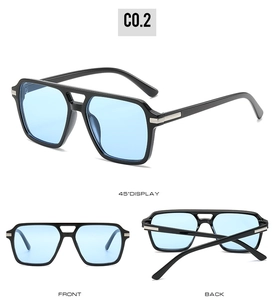 Detailed views of square double-bridge sunglasses with blue lenses and silver metal hinges
