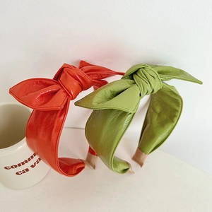 Knotted Bow Headband Wide PU Leather Wrinkled Texture Solid Color Hair Hoop Sweet Vintage Hair Accessories For Women