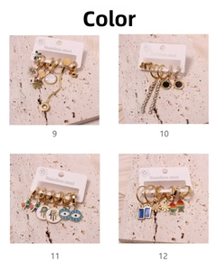 Detailed grid view of assorted stainless steel earring sets with gold finish charms