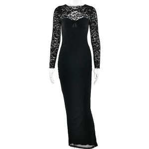 Abito aderente nero sexy a maniche lunghe con patchwork in pizzo e dettaglio mesh