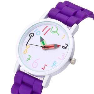 Kids quartz watch with purple silicone strap and colorful pencil hands on white dial