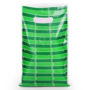Detail view of a green American football field plastic gift bag with die-cut handle