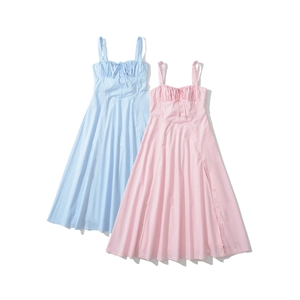 French vintage backless slim dress in light blue and pink with drawstring waist detailing