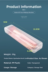 Detailed view of clear PP makeup brush box showing 21.5x5x3.1cm dimensions and 39g weight