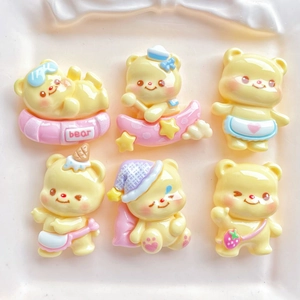 Set of 6 yellow resin bear charms with swim rings and moon boats for DIY crafts