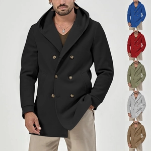 Detail view of double-breasted hooded coat showing multiple color options for men