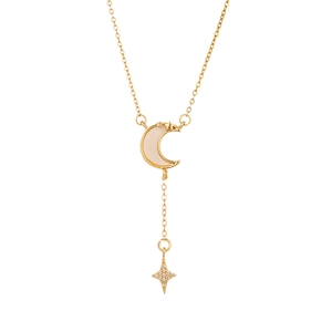 Elegant gold necklace featuring white shell moon and zircon star pendant on a white background