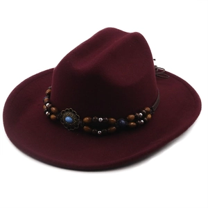 Classic burgundy wool fedora with bohemian beaded band and blue turquoise accent