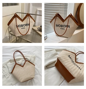 Detailed views of woven straw tote bag with brown leather handles in four-way split layout