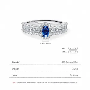 Elegant 925 sterling silver ring featuring an oval blue gemstone with halo diamonds