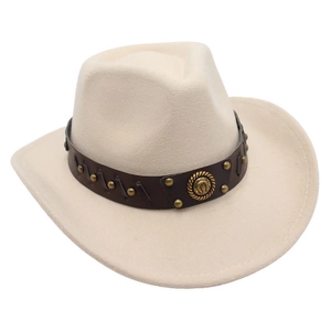 Detail of western cowboy hat featuring cream felt fabric and studded leather band