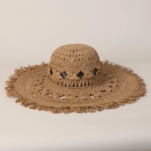 Cappello da Spiaggia in Paglia di Carta Intrecciato a Mano da Donna Falda Larga Bordo Sfrangiato Pieghevole Protezione Solare Estate