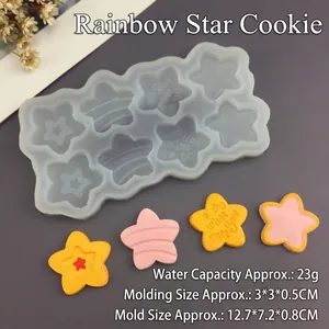 Macro detail of rainbow star silicone mold showing 12.7x7.2x0.8cm size specifications