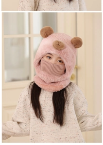 Close-up of pink plush bear hood scarf set for girls with knit face mask detail