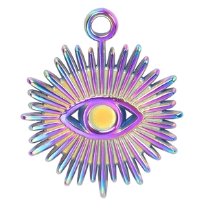 Macro view of iridescent devil's eye pendant with 18k gold plating on stainless steel