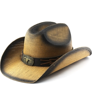 Light brown woven straw cowboy hat with black gradient edges and metal bull skull emblem