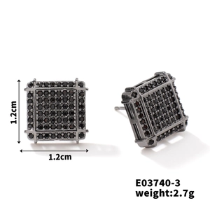 Detail view of 1.2cm square stud earrings with black micro-pave cubic zirconia stones