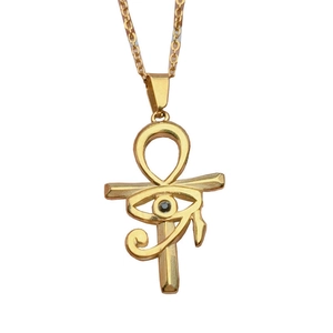 Gold stainless steel Ankh and Eye of Horus pendant necklace with zircon stone