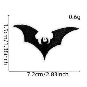 Macro detail of black bat embroidery patch showing dimensions 7.2cm and 0.6g weight