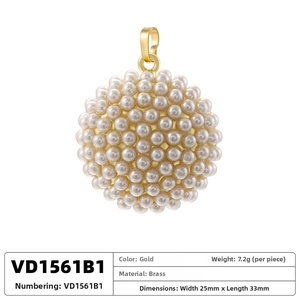 Detailed view of spherical brass pendant with white pearls and gold finish plating