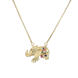Gold elephant pendant necklace with colorful zircons on white background