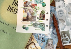 Macro detail of vintage style stickers featuring retro portraits and butterfly patterns