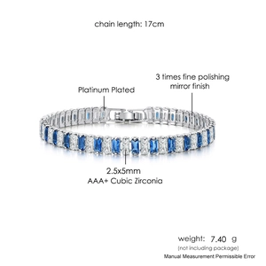Detail of blue and white rectangle cubic zirconia tennis bracelet with fold-over clasp