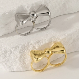 Fashion Copper Bowknot Double Finger Ring For Women Adjustable Opening Gold Silver Plated Geometric Statement Finger Ring Jewelry