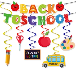 Detail view of Back to School banner with cartoon school bus and pencil swirl hangers