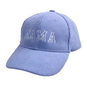 Detailed embroidery of MAMA text on light blue corduroy baseball cap texture