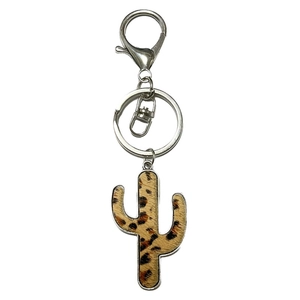 Western style cactus keychain with leopard print cowhide leather and silver metal clip