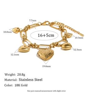 18K gold plated stainless steel heart charm bracelet with Cuban link and OT toggle clasp