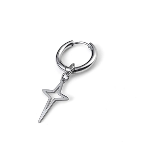 Polished silver titanium steel hoop earring with a minimalist four-pointed star pendant