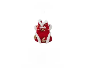 Detail view of red festive cat dress with golden phoenix embroidery and white fur trim