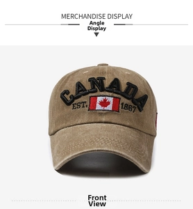 Close-up of vintage brown baseball cap featuring 3D Canada embroidery and flag detail