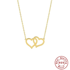 S925 Sterling Silver Interlocking Double Heart Necklace For Women Elegant Gold Plated Clavicle Chain With Zirconia Jewelry Gift