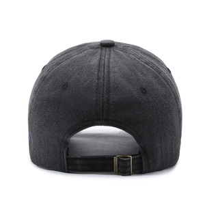Classic dark grey washed denim baseball cap with an adjustable bronze metal buckle back