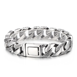 Mens stainless steel Cuban chain bracelet featuring Greek key pattern on silver links