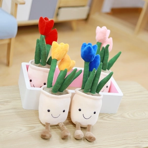 Set of four plush tulip plant pots in red, yellow, blue, and pink with cute smiling faces