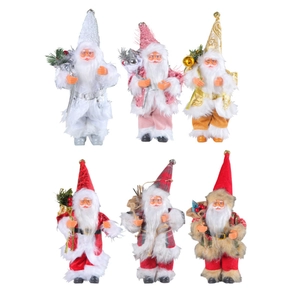 Collection of 9-inch standing Santa Claus dolls in red, pink, gold and plaid outfits