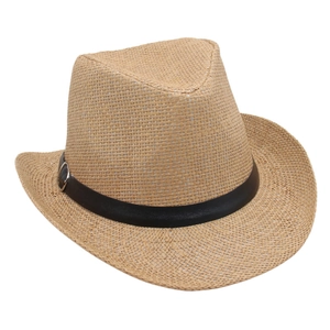 Detailed weave pattern of natural straw cowboy hat with a black leather band and buckle