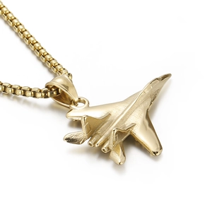 Punk style golden titanium steel fighter jet pendant necklace with round box chain