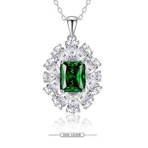 Retro 925 Sterling Silver Pendant Necklace For Women Emerald Cut Zirconia Halo Chain Jewelry For Wedding Party Elegant Accessory