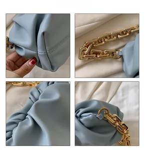 Detail shots of light blue pleated pouch bag showing stitching and gold chain link