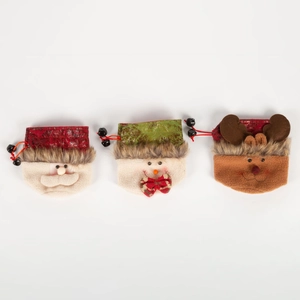 Three Christmas gift bags featuring Santa, Snowman and Reindeer with bells and drawstrings