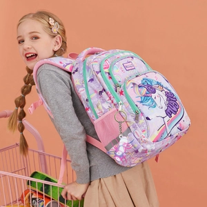 Sac à dos violet pour filles licorne arc-en-ciel, cartable à compartiments avec sangle