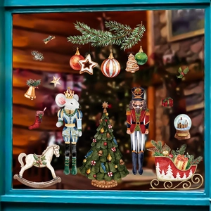 Nutcracker watercolor Christmas window clings featuring toy soldiers and festive trees